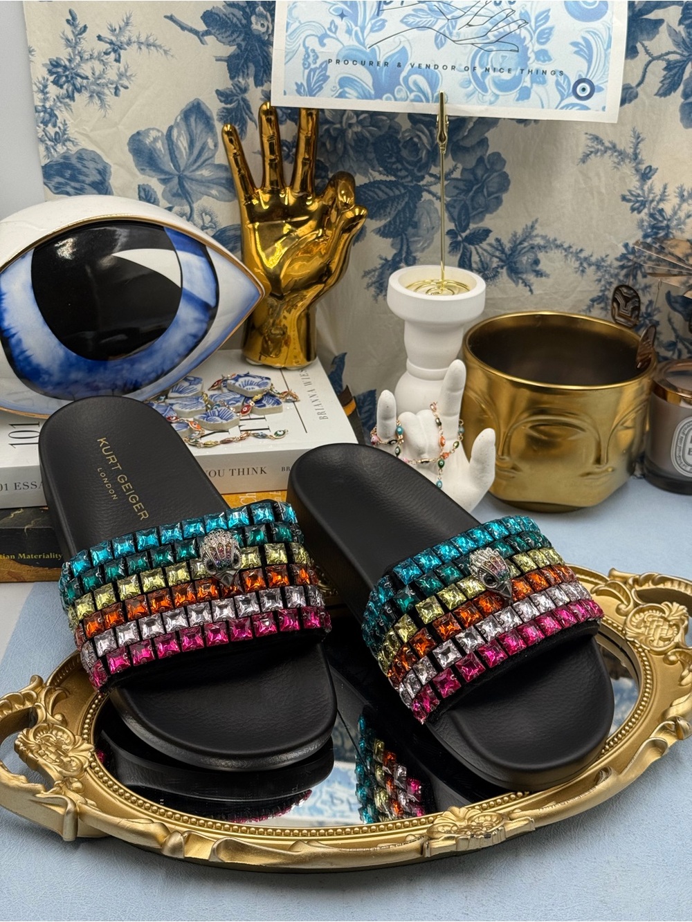🧿🧿 KURT GEIGER LONDON Meena Eagle Jewel Crystal Studded Slide, Black Rainbow - Picture 7 of 14